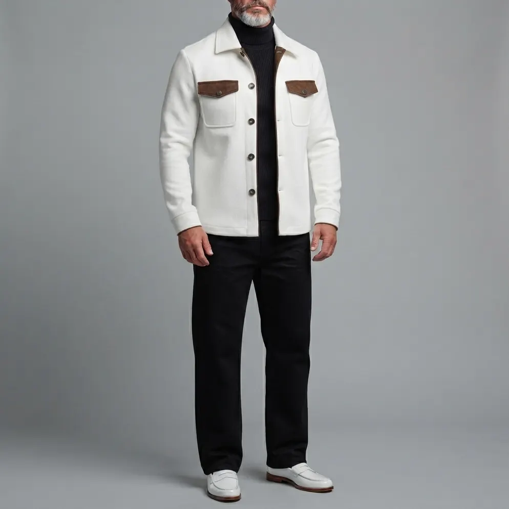 para hombre White Contrast Flap Pockets Turndown Collar Single Breasted Slim chaqueta