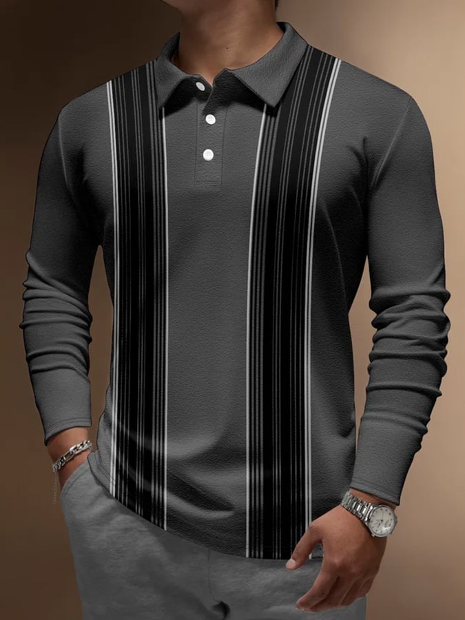 Camisa polo geométrico a rayas estampado Button casual para hombre