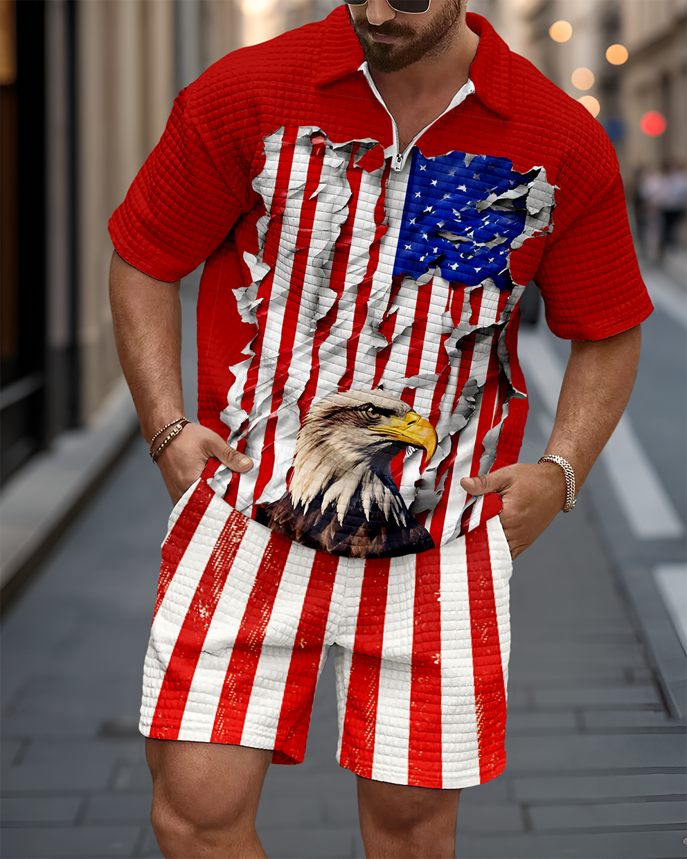 Camisa polo casual Independence Day Waffle Texture Summer Set 066 para hombre