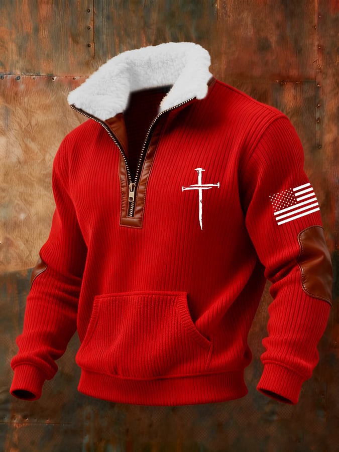 Sudadera retro Faith Cross estampado cierre Fur cuello de manga larga para hombre