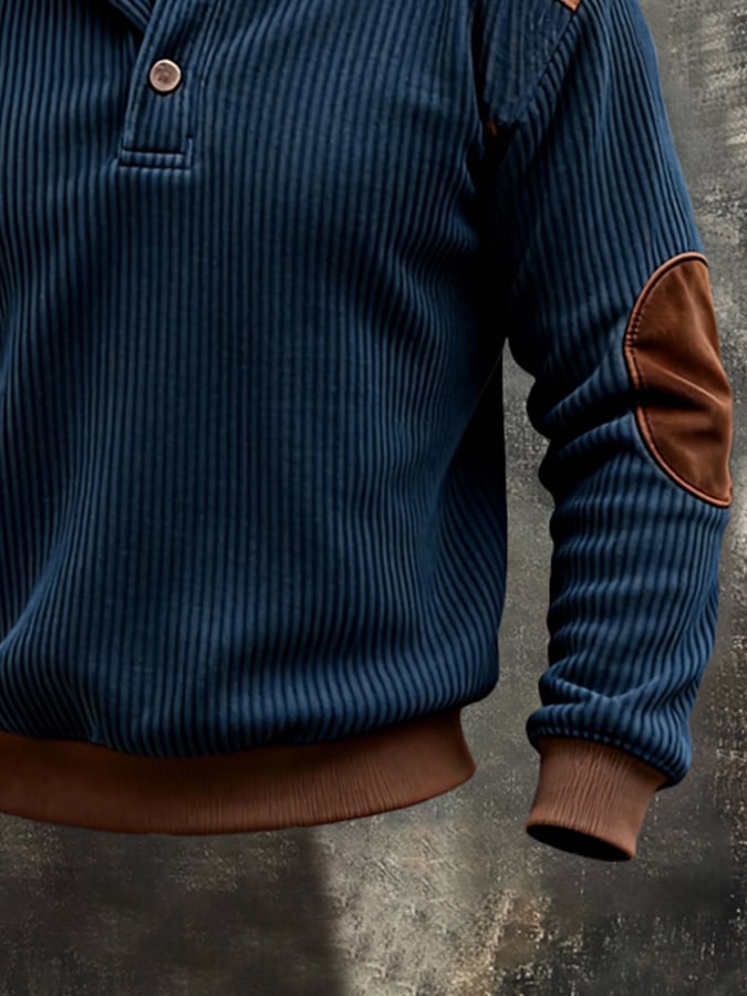 Sudadera vintage pana Patchpara trabajo Color-Block Henley Neck de manga larga para hombre