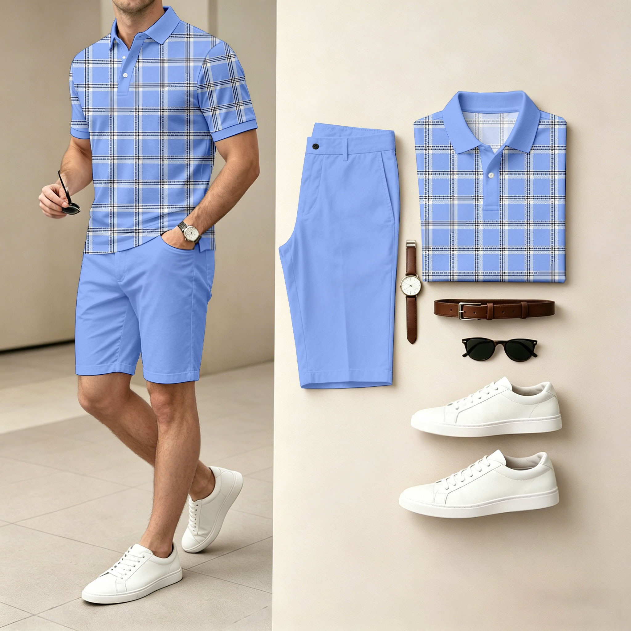 Conjunto de dos piezas casual Checkered estampado camisa polo And shorts (Does Not Include Watch, Belt, Or Accessories) para hombre