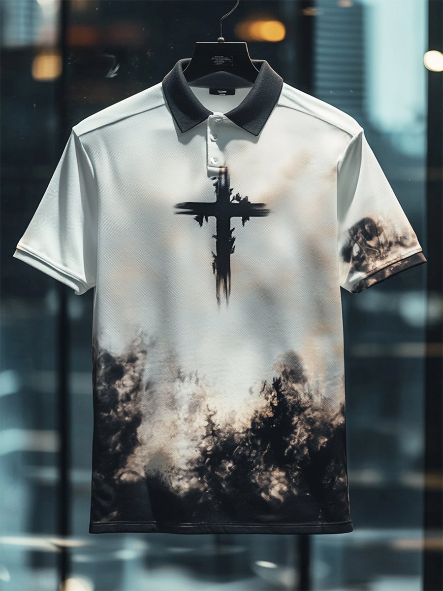 Camisa polo ejecutivo casual Cross estampado Button de manga corta para hombre
