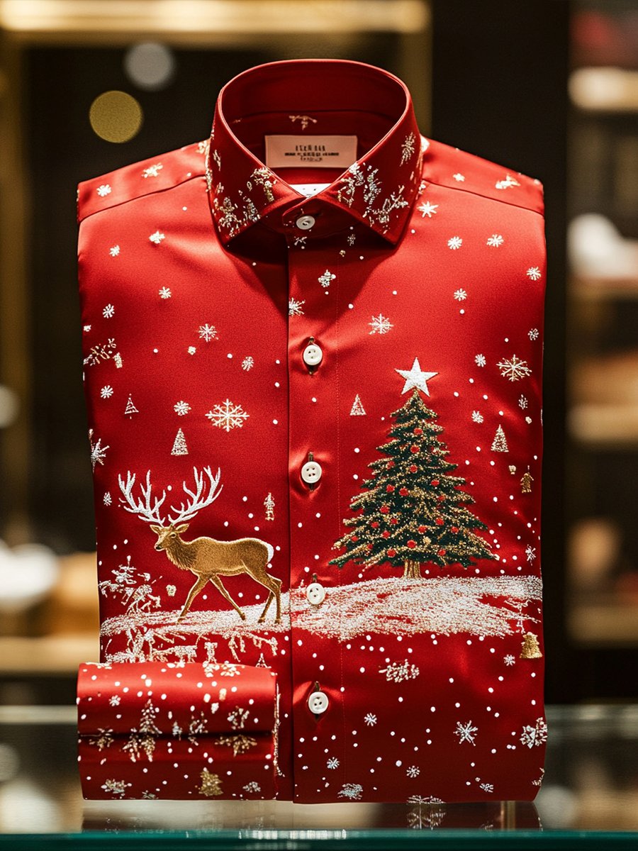 Camisa Christmas ejecutivo de lujo Christmas Tree and Christmas Elk de manga larga para hombre