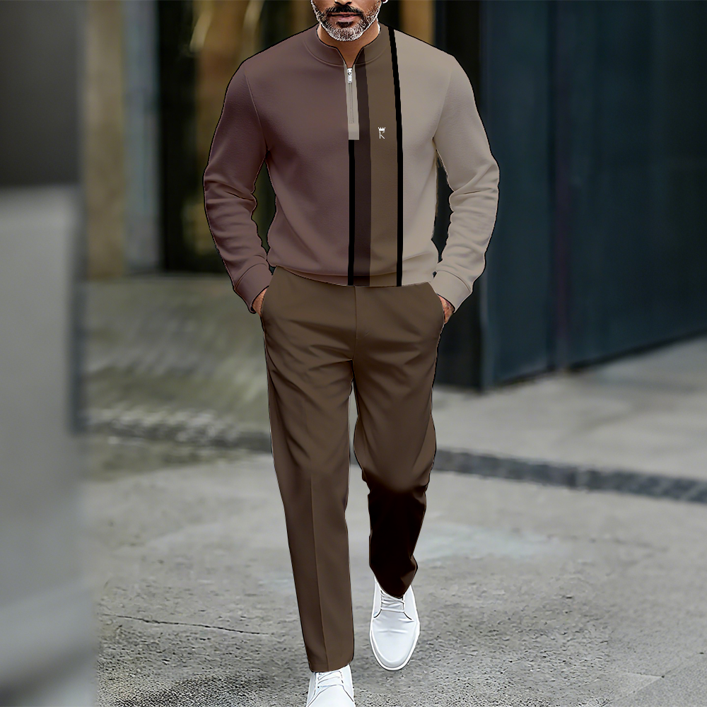 Conjunto de dos piezas casual Color Matching estampado Round-Neck Zipper de manga larga Trousers para hombre