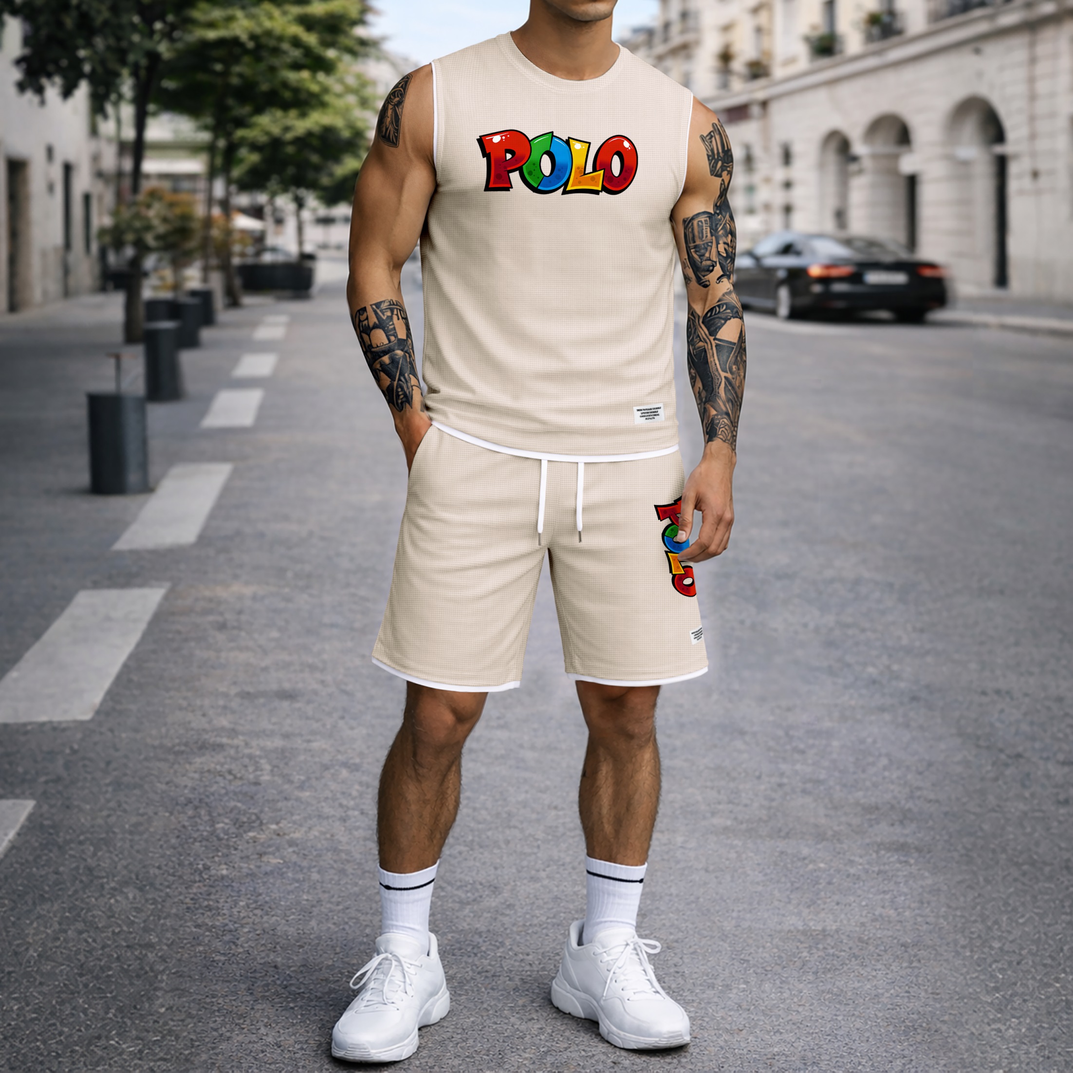 Shorts Graffiti Letter estampado Summer Set Sleeveless Tank Top & Matching Outfit, Lightweight casual Streetwear Athletic Set for Everyday & Holiday para hombre