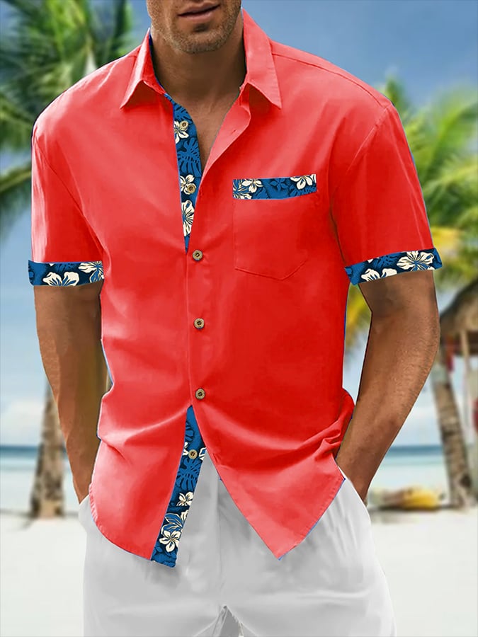 Camisa Resort Style Contrast estampado casual de manga corta para hombre
