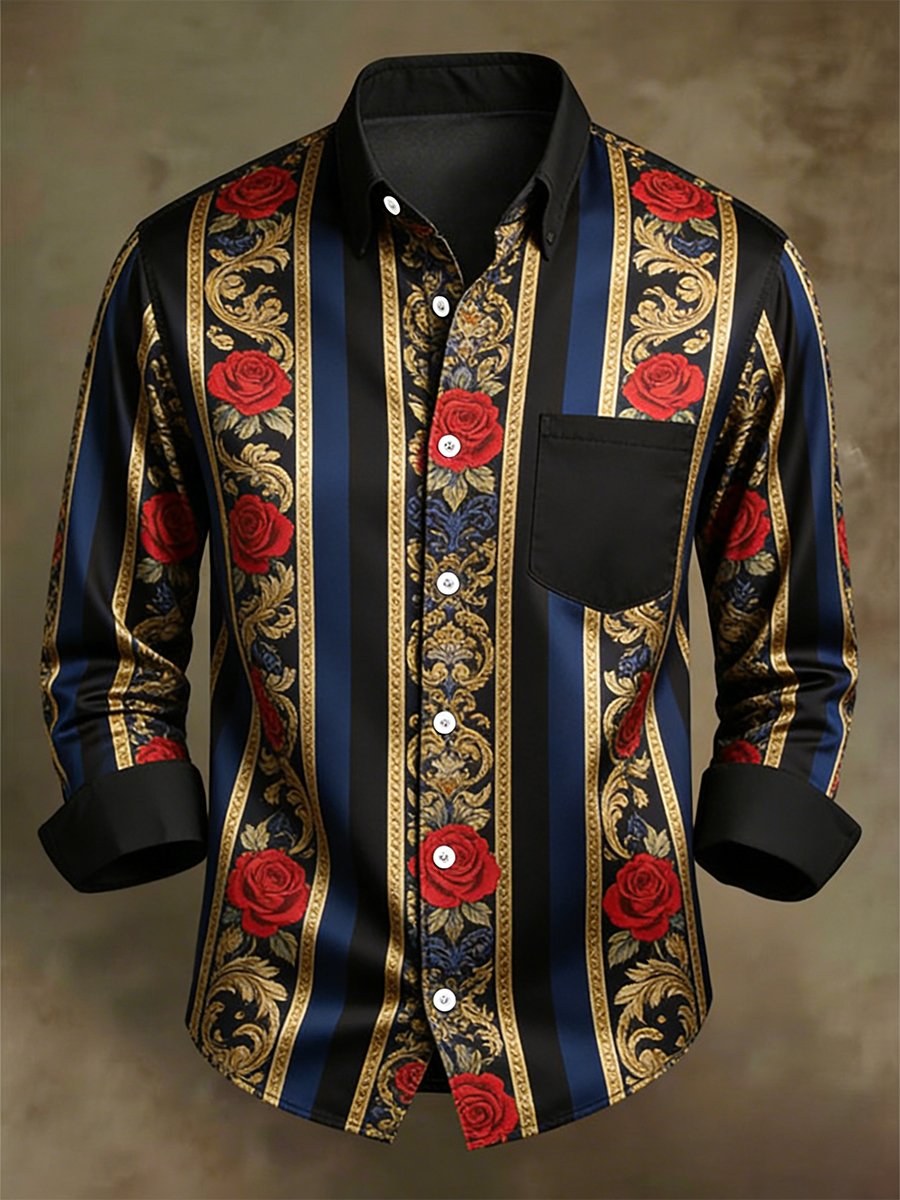 Camisa retro ejecutivo casual Baroque Rose a rayas de manga larga para hombre