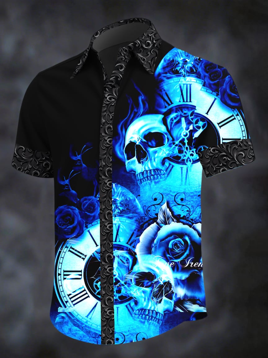 Camisa Dark Skull estampado casual de manga corta para hombre