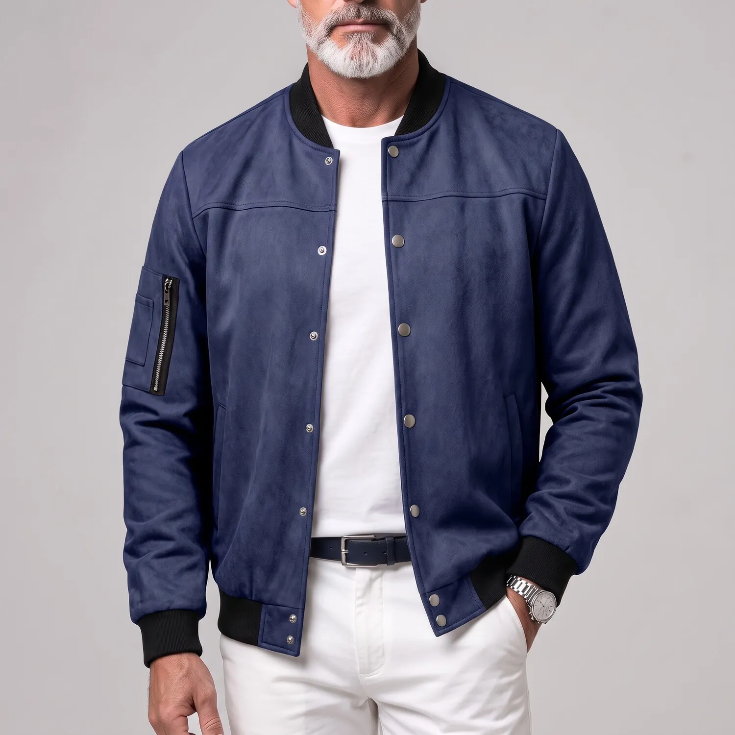 para hombre Suede Stand Collar Zipper Pocket Snap Button casual Bomber chaqueta