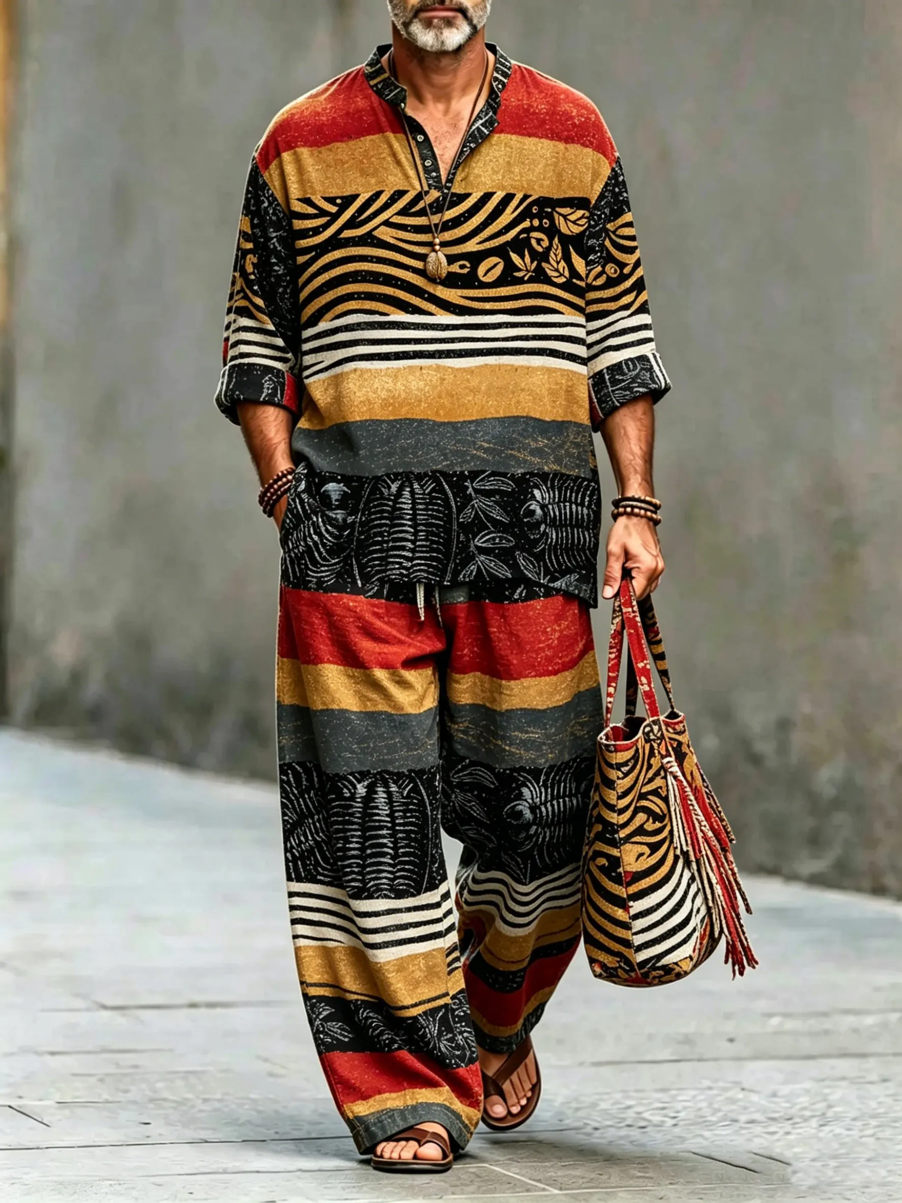 para hombre vintage Abstract Art estampado de algodón camisa Set (Top & pantalón)