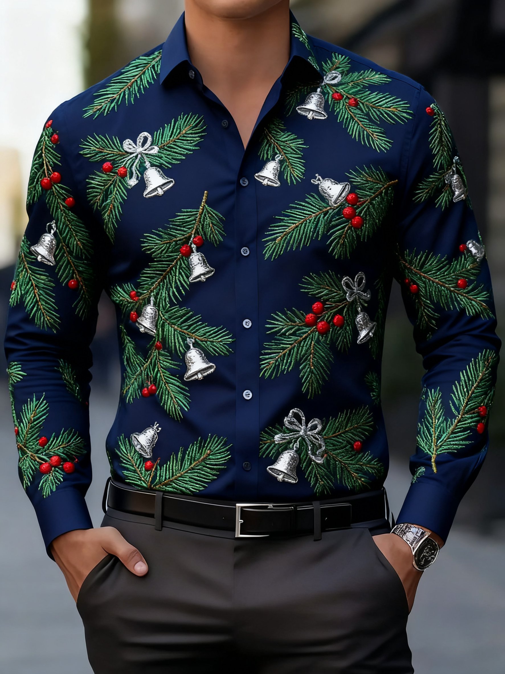 Camisa ejecutivo Christmas estampado de manga larga para hombre
