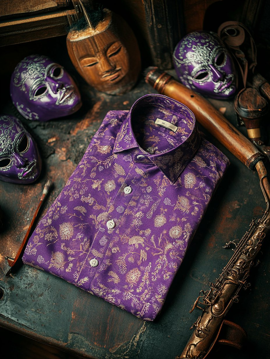 Camisa Purple Mardi Gras Theme de lujo de manga larga para hombre