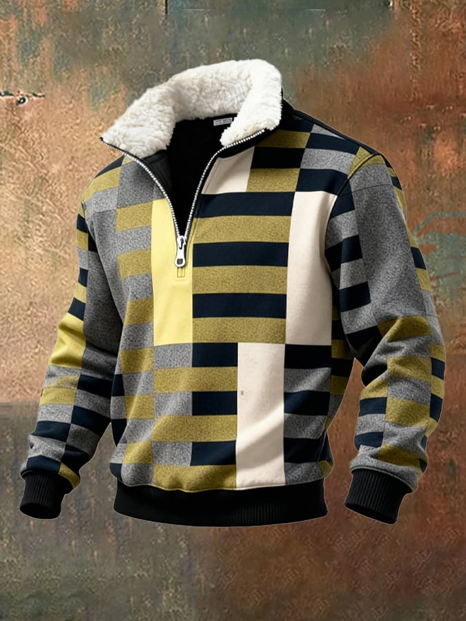 Sudadera retro en bloques de color estampado casual Fur cuello para hombre