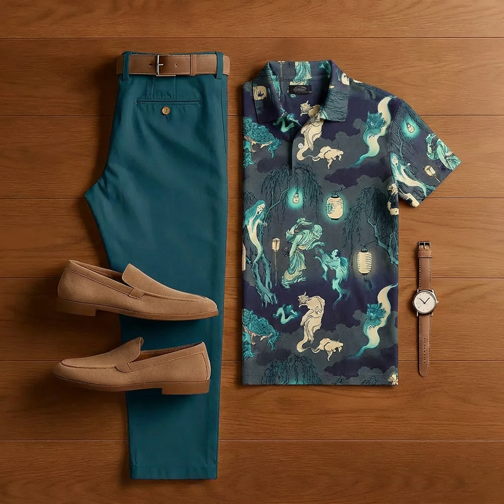 Conjunto de dos piezas retro Royal Green estampado de manga corta camisa And Trousers para hombre