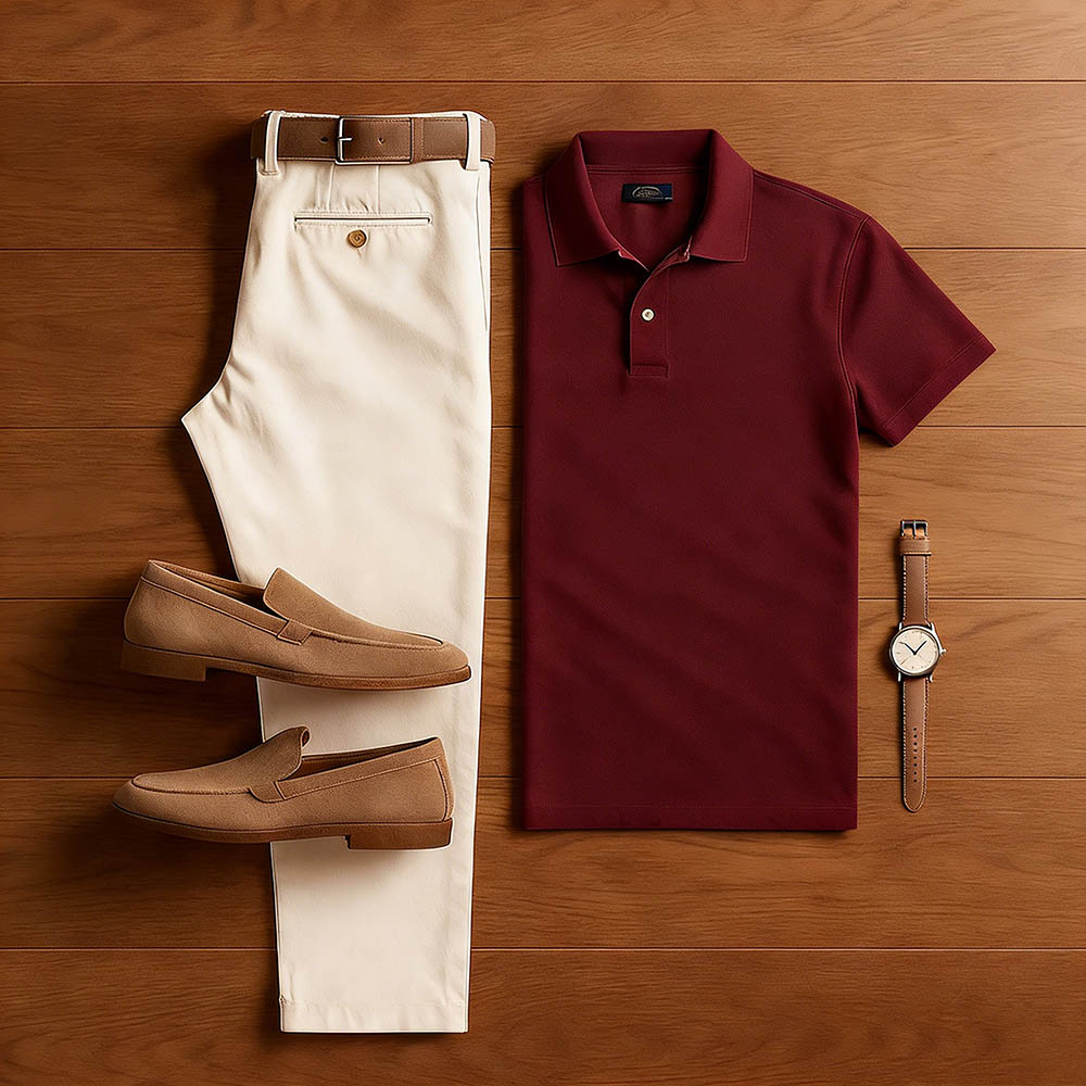 Conjunto de dos piezas casual Dark Red & Khaki Color Matching de manga corta camisa polo & Trousers para hombre