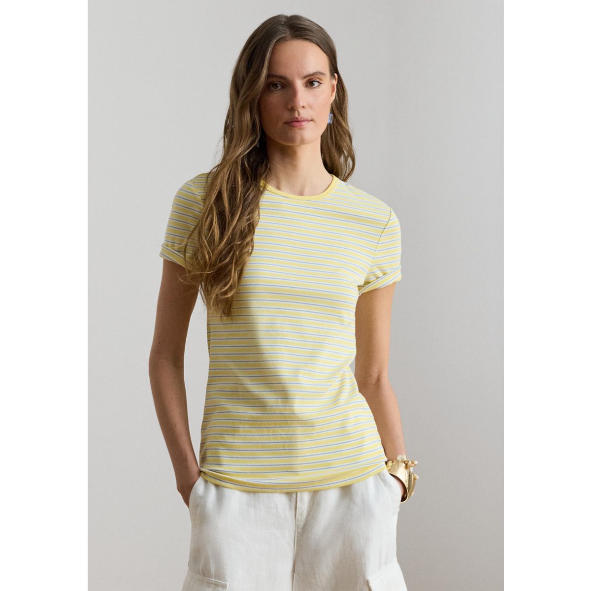 Women's Striped Rib-Knit Stretch Cotton T-Shirt - 1