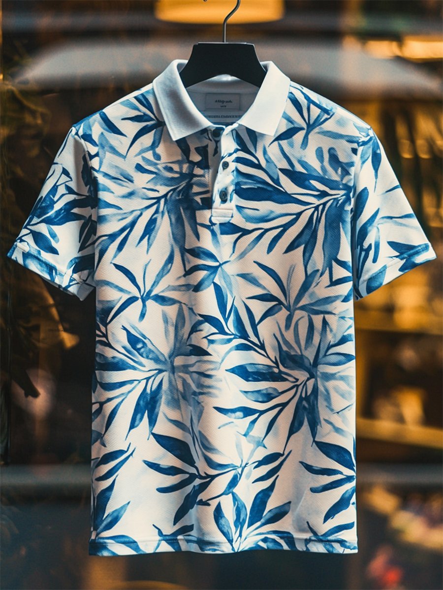 Camisa polo casual Festive floral estampado Button de manga corta para hombre