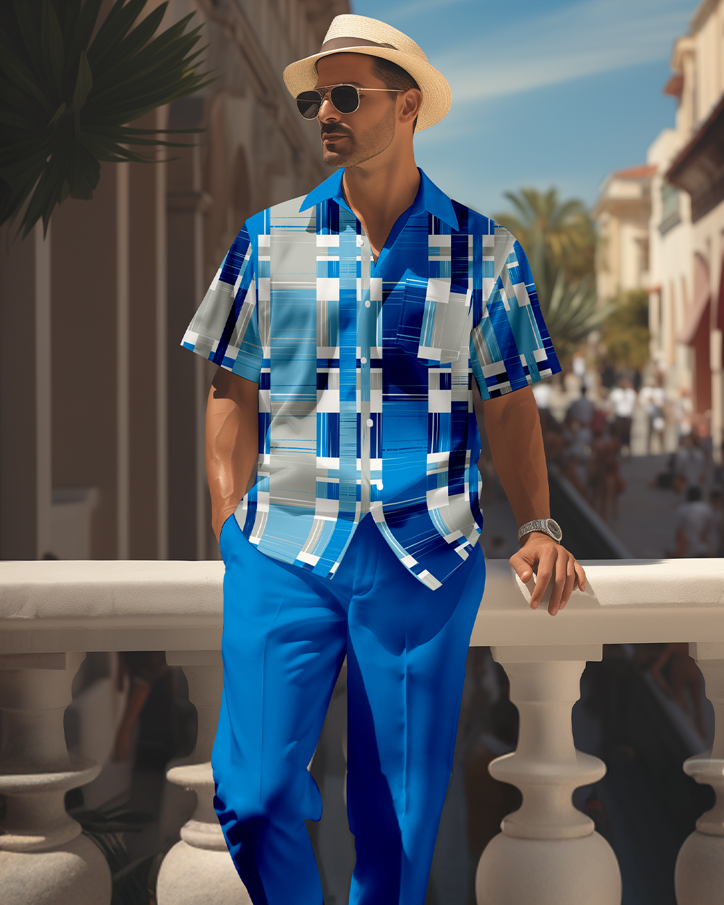 Camisa retro colorblock de manga corta walking Suit 1698 para hombre