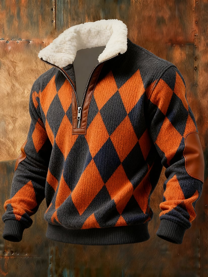 Sudadera retro geométrico Quarter Zip polar Neck para hombre