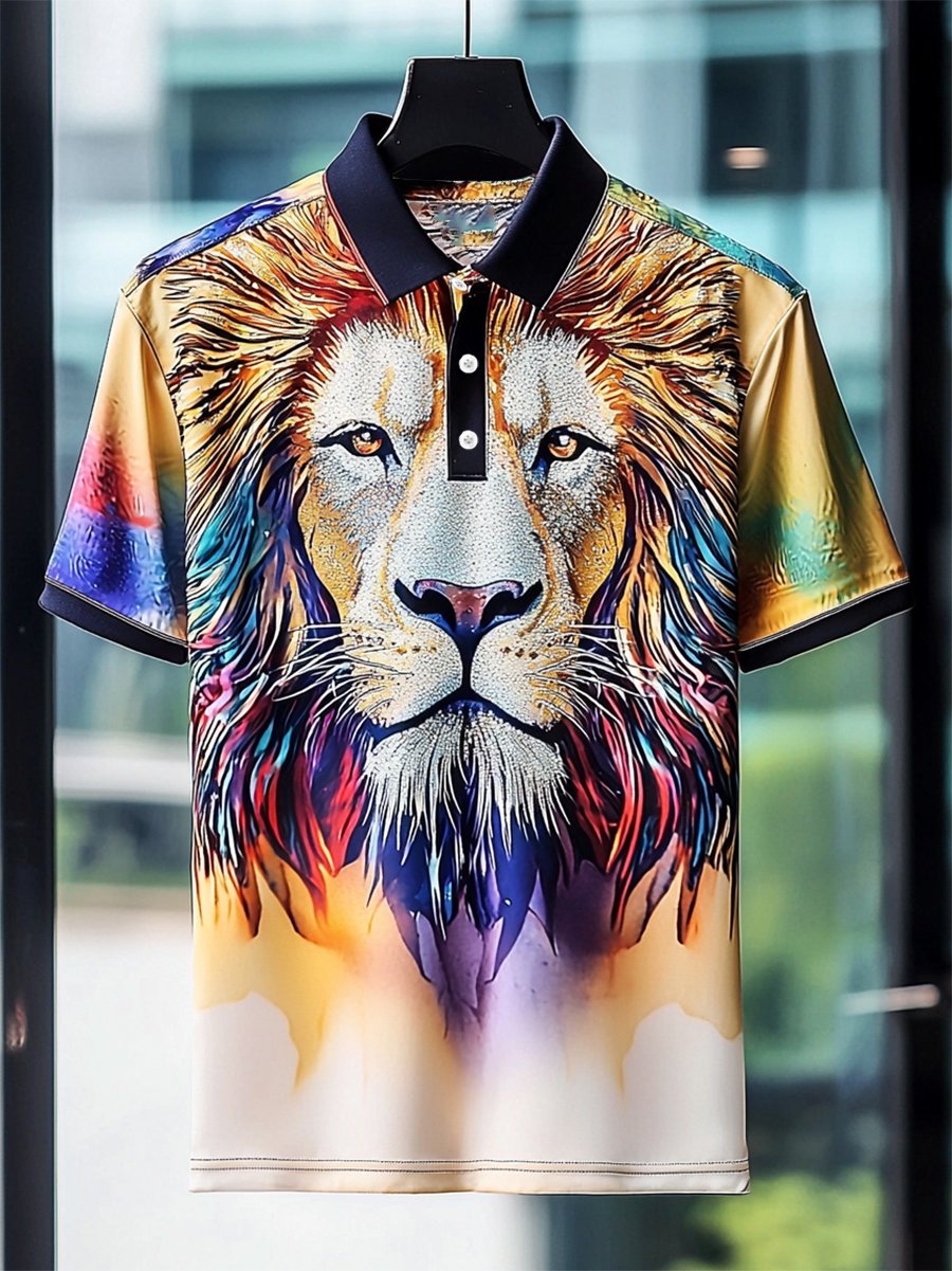 Camisa polo ejecutivo casual Lion estampado Button de manga corta para hombre
