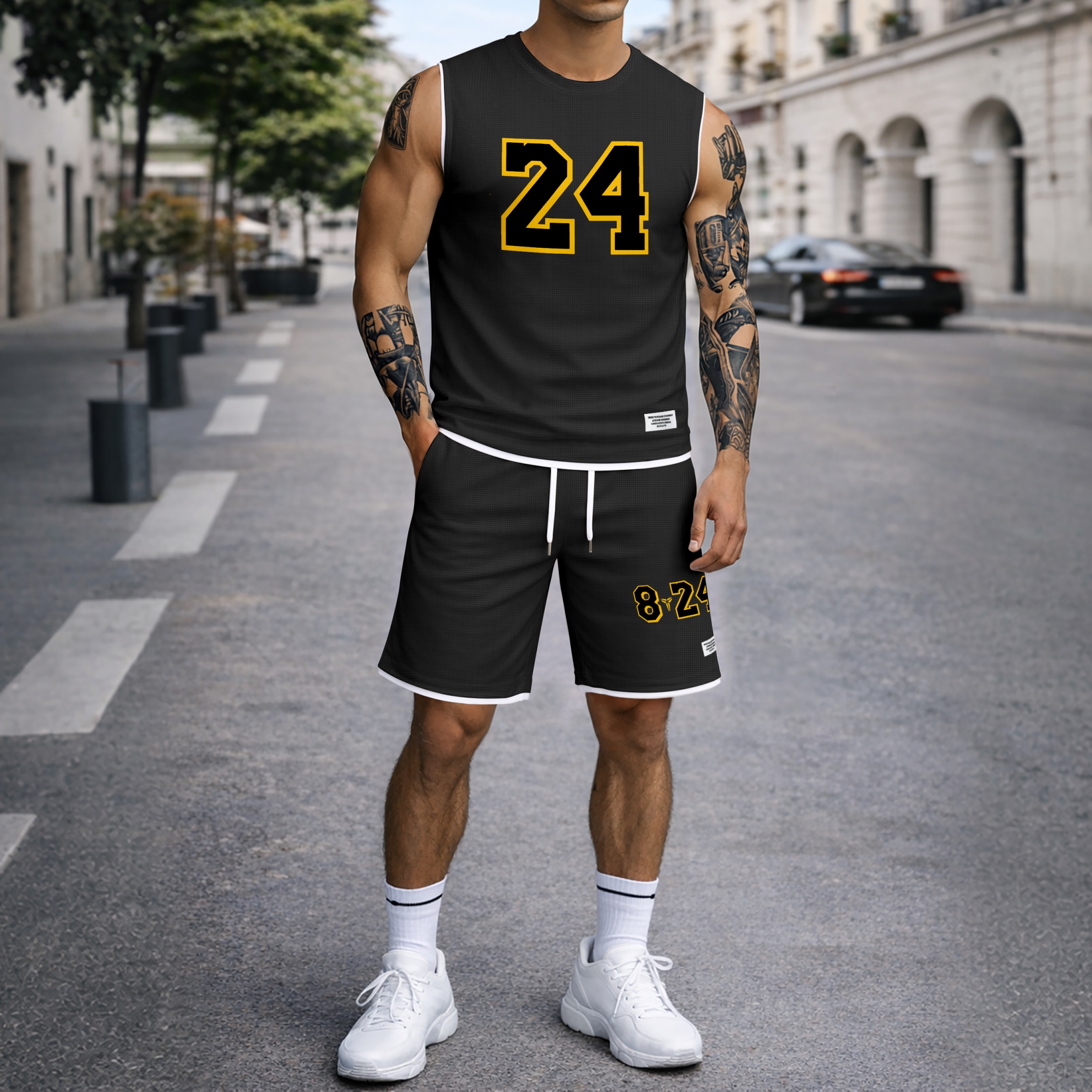 Shorts Number 24 Graphic estampado Summer Set Sleeveless Tank Top & Matching Outfit, Basketball Style Double Number estampado Lightweight casual Streetwear Athletic Set for Everyday & para trabajoout para hombre