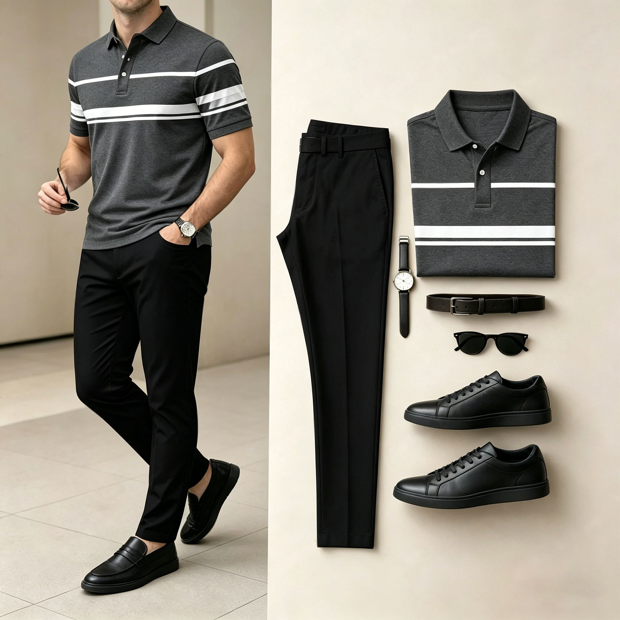 Conjunto de dos piezas casual Dark Gray estampado camisa polo And pantalón para hombre