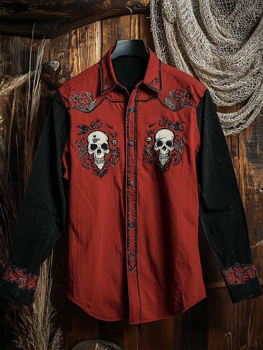 Camisa retro casual Skull estampado de manga larga para hombre
