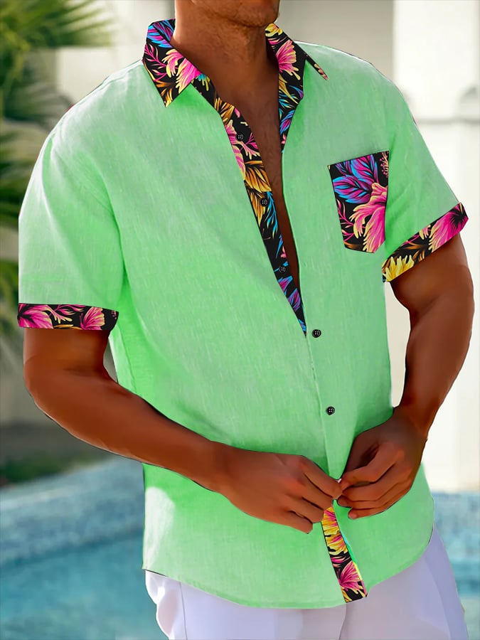 Camisa Resort Style Contrast estampado casual de manga corta para hombre