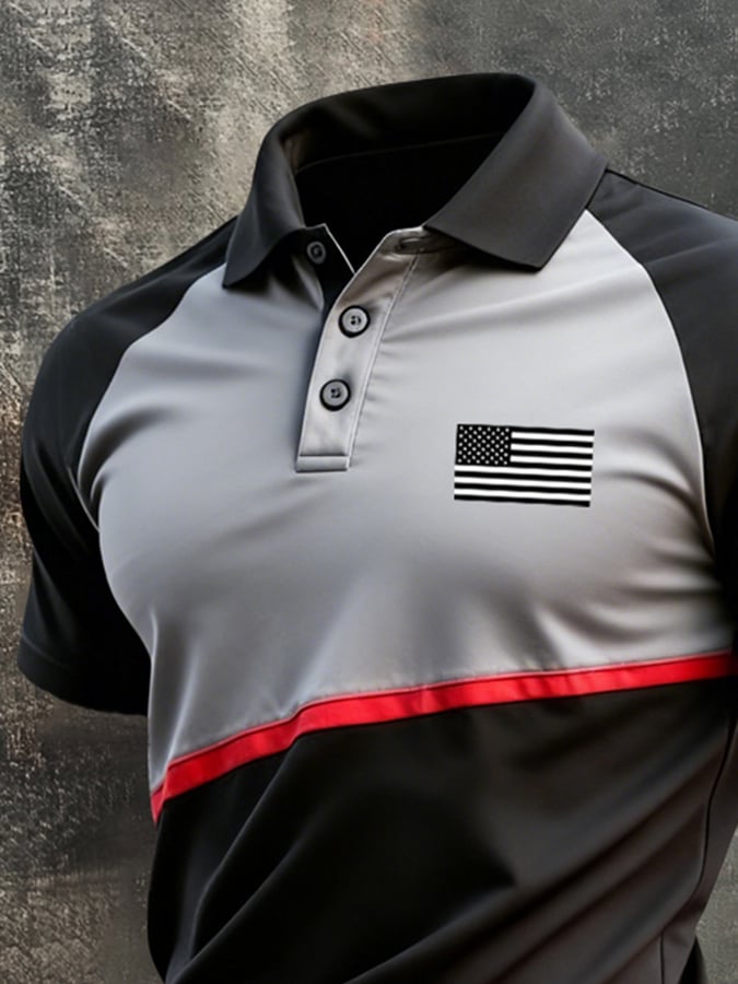 Camisa polo retro Patriotic Color-Block de manga corta para hombre