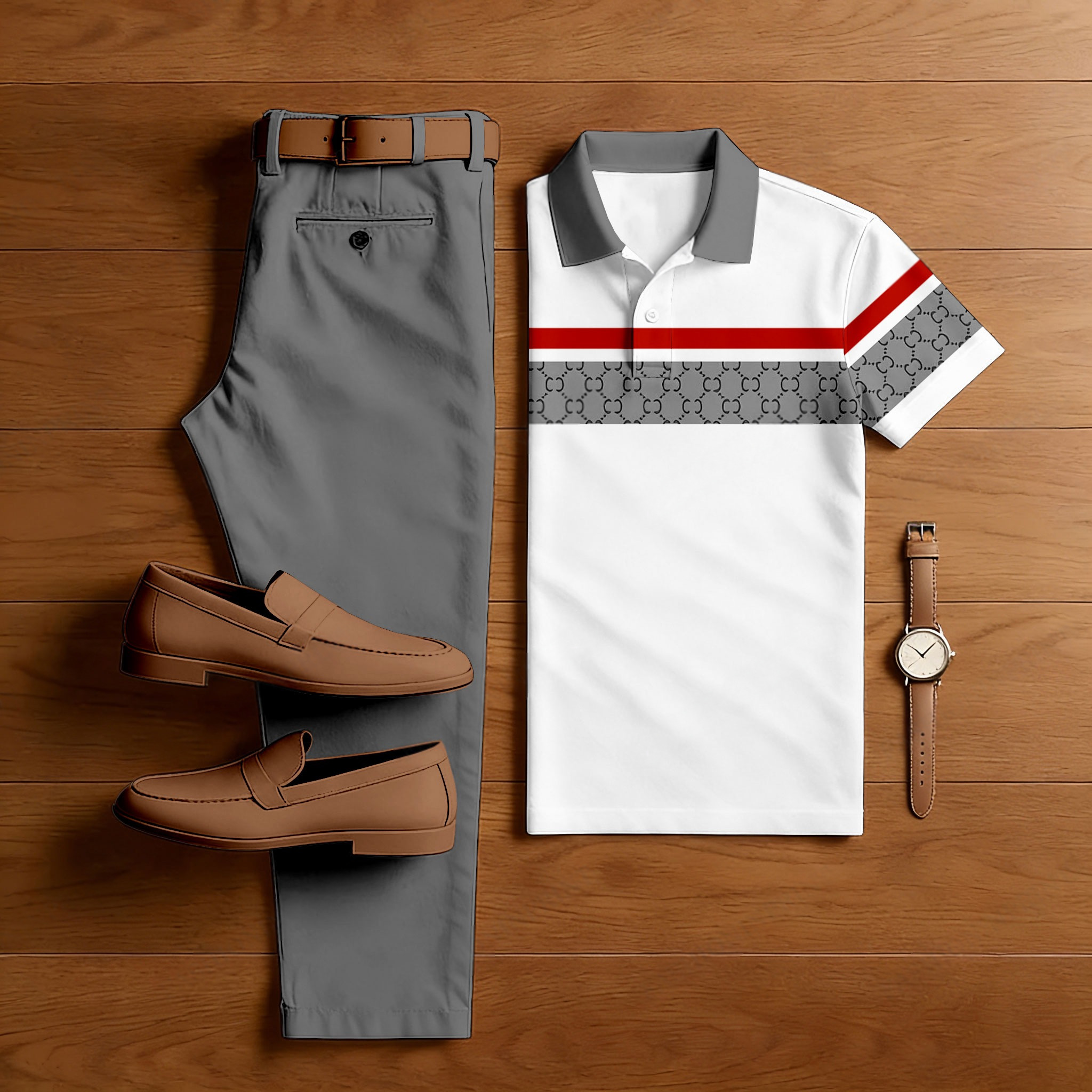 Conjunto de dos piezas casual Gray & White Checkered estampado camisa polo And pantalón para hombre
