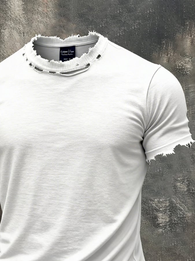 Camiseta de moda Ripped cuello redondo de manga corta para hombre