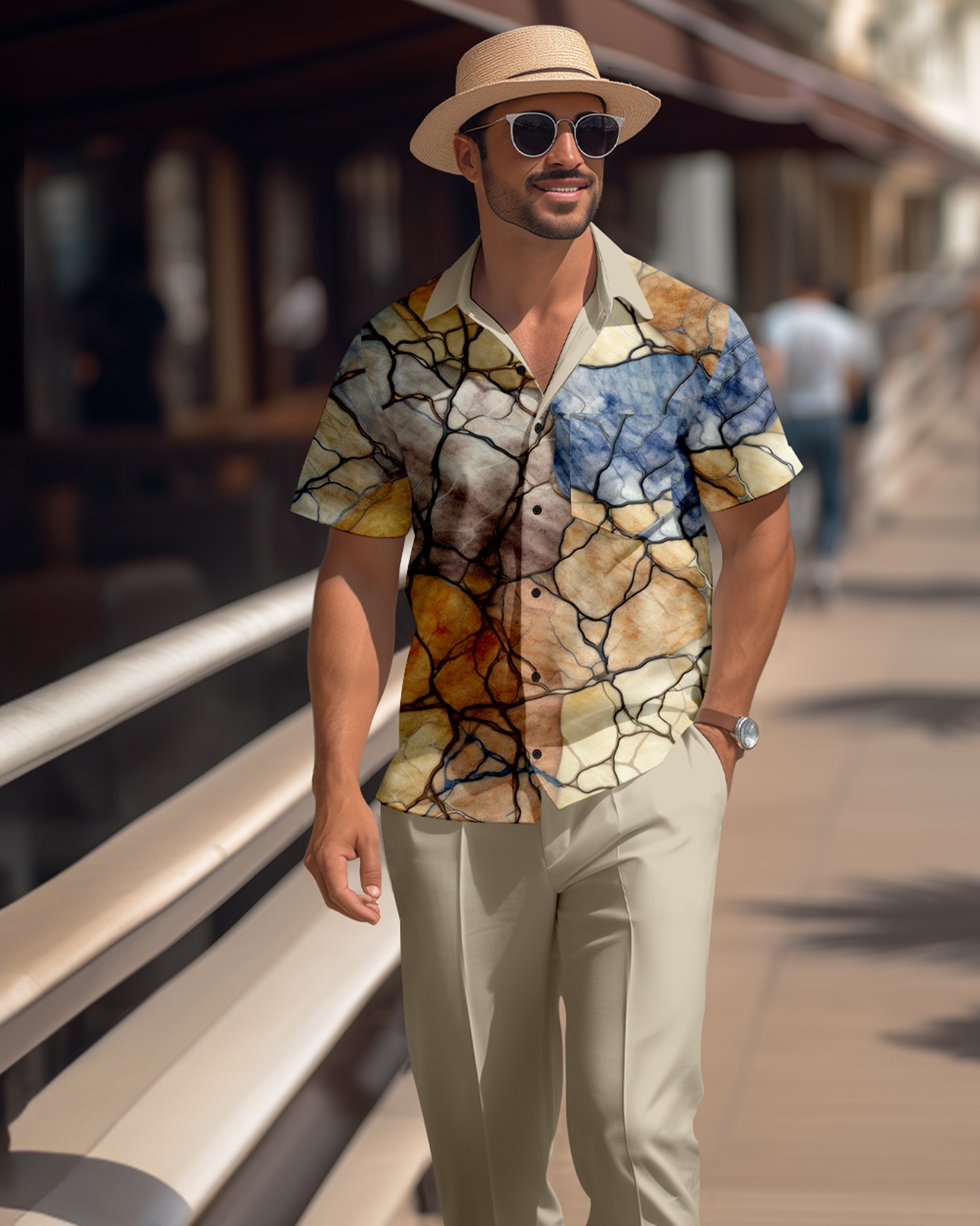 Camisa retro colorblock de manga corta walking Suit 1674 para hombre