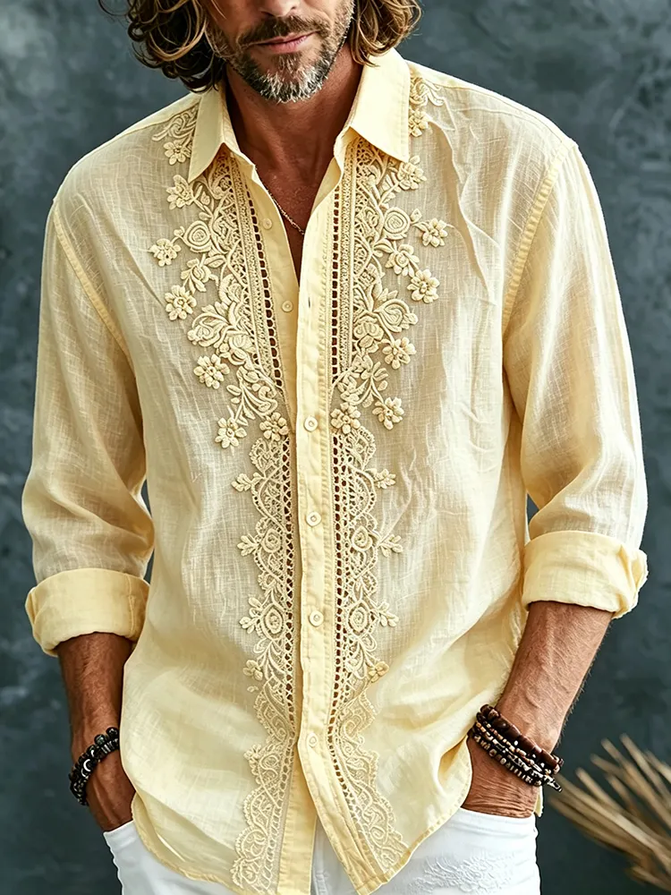 para hombre retro Vocation Yellow floral Embroidered Art Print Flowy de lino Blend de manga larga camisa