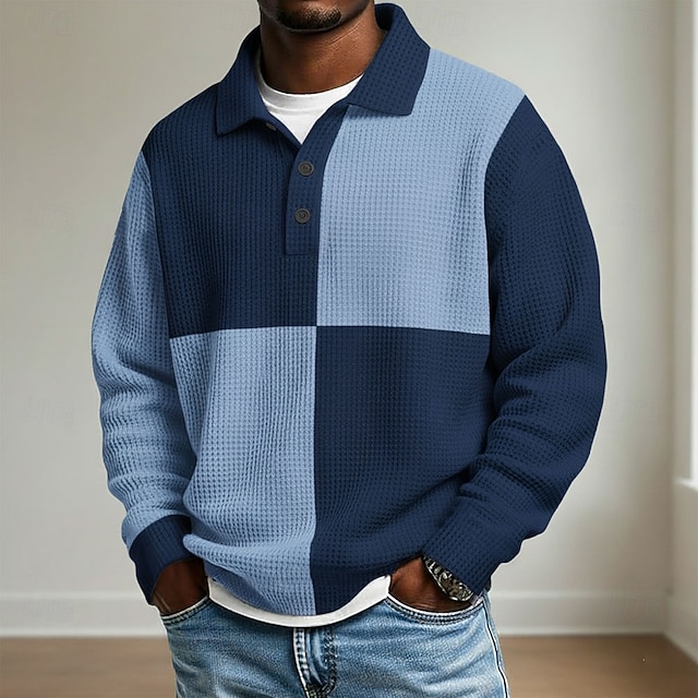 Camisa Checkered Horizontal rayas Polo Rugby Polo texturizado de manga larga polos solapa Sportswear casual School Athleisure para uso diario Wear 3D estampado Spring Fall Winter Blue Red Brown para hombre