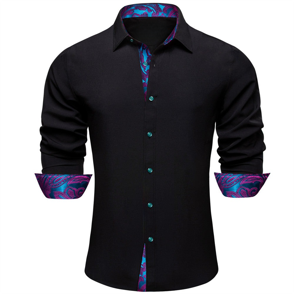 Camisa Black Splicing Mens seda de manga larga con botones ejecutivo camisa