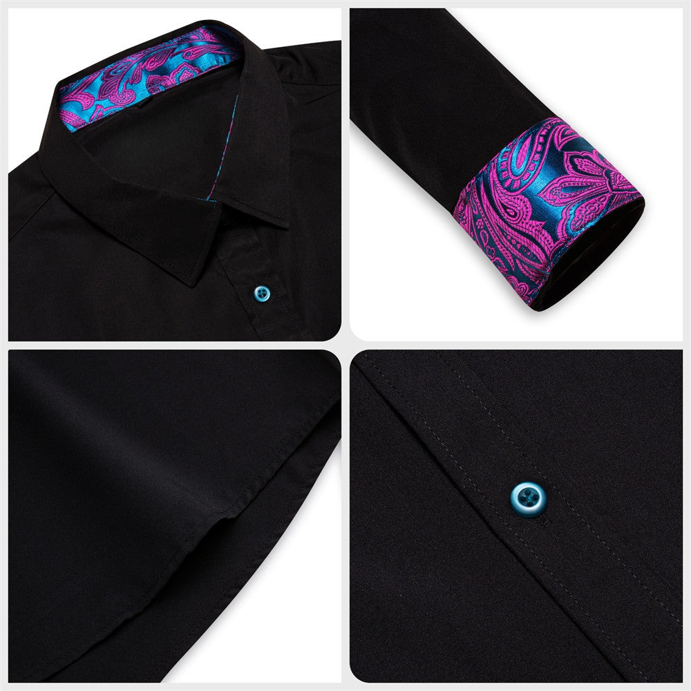 Camisa Black Splicing Mens seda de manga larga con botones ejecutivo camisa