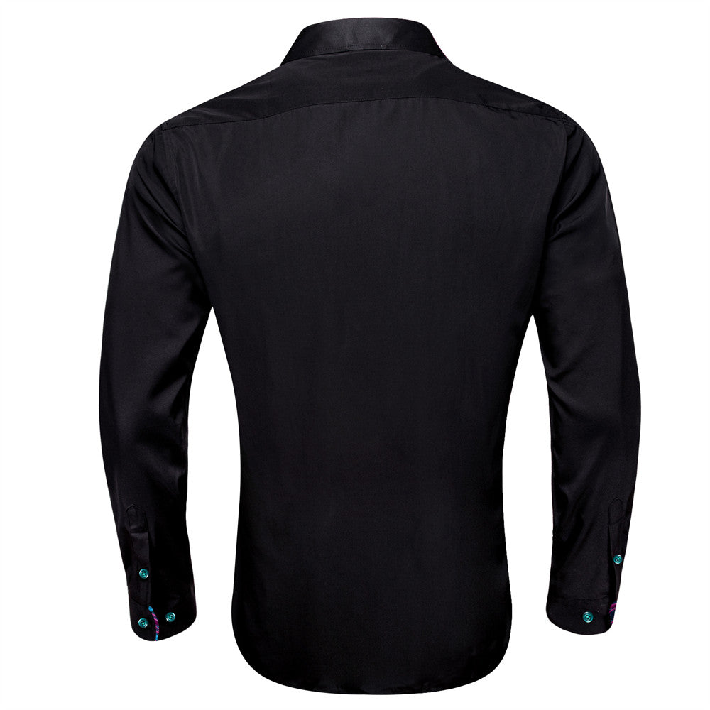 Camisa Black Splicing Mens seda de manga larga con botones ejecutivo camisa