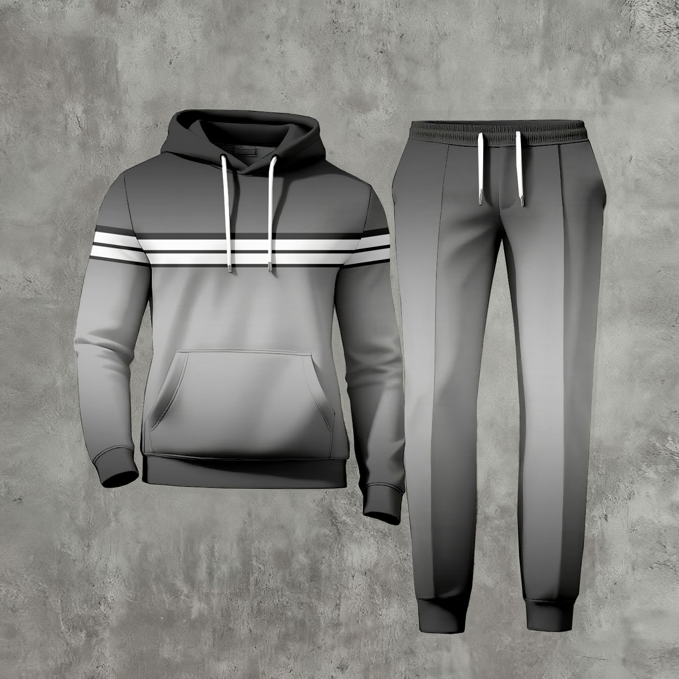 Conjunto de dos piezas casual Gradient Gray Color estampado de manga larga sudadera con capuchas sudadera & Trousers para hombre