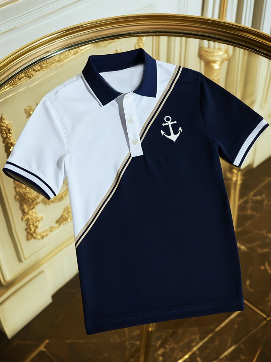 Camisa polo ejecutivo rayas Anchor Logo con botones de manga corta para hombre