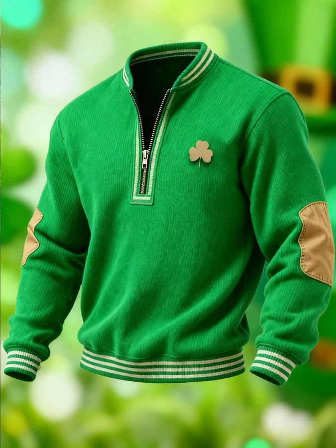 Sudadera (Detachable Shamrock Brooch Included) casual St. Patrick's Day Color-Block Half-Zip Stand-cuello de manga larga para hombre