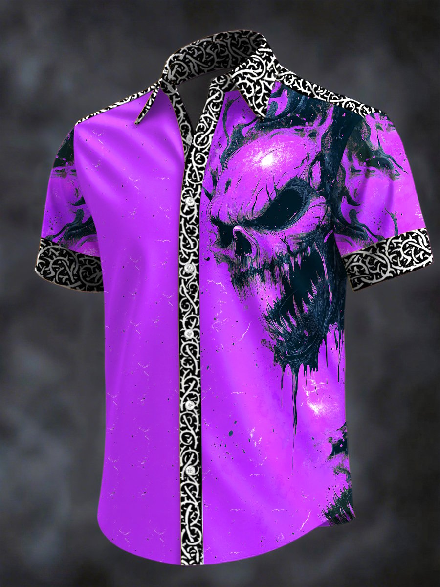 Camisa retro Horror Skull estampado solapa de manga corta para hombre
