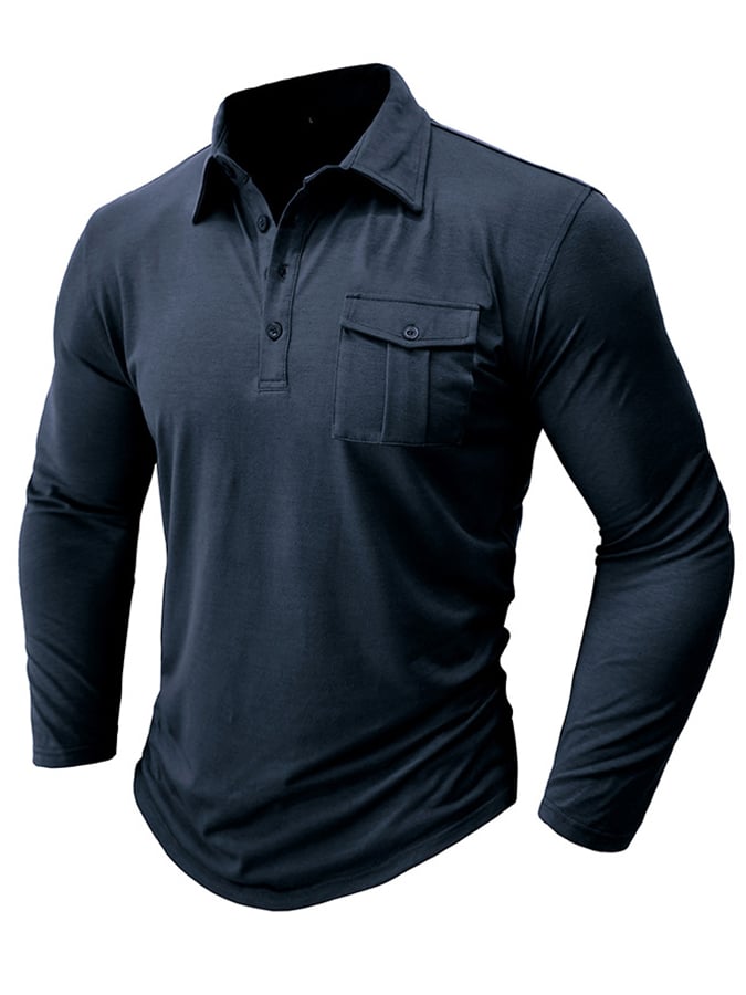 Camisa polo de color sólido de manga larga bolsillo para hombre