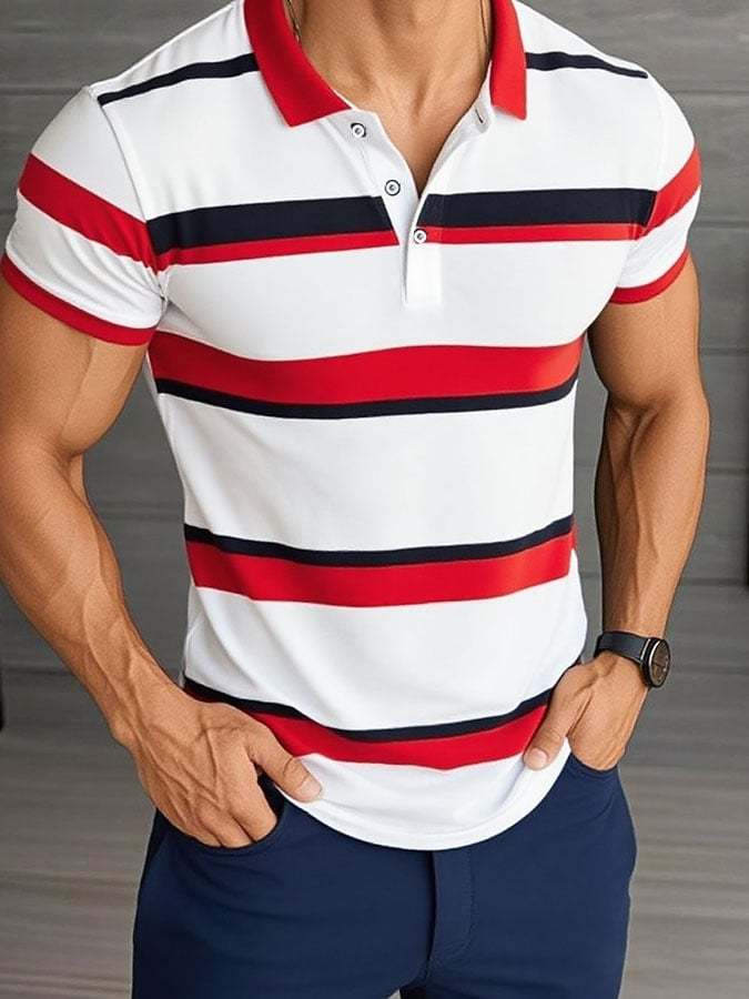 Camisa polo casual clásico a rayas estampado ejecutivo de manga corta para hombre - vista 1