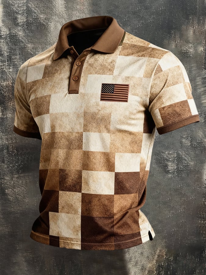 Retro Patriot en bloques de color Polo Collar de manga corta para hombre
