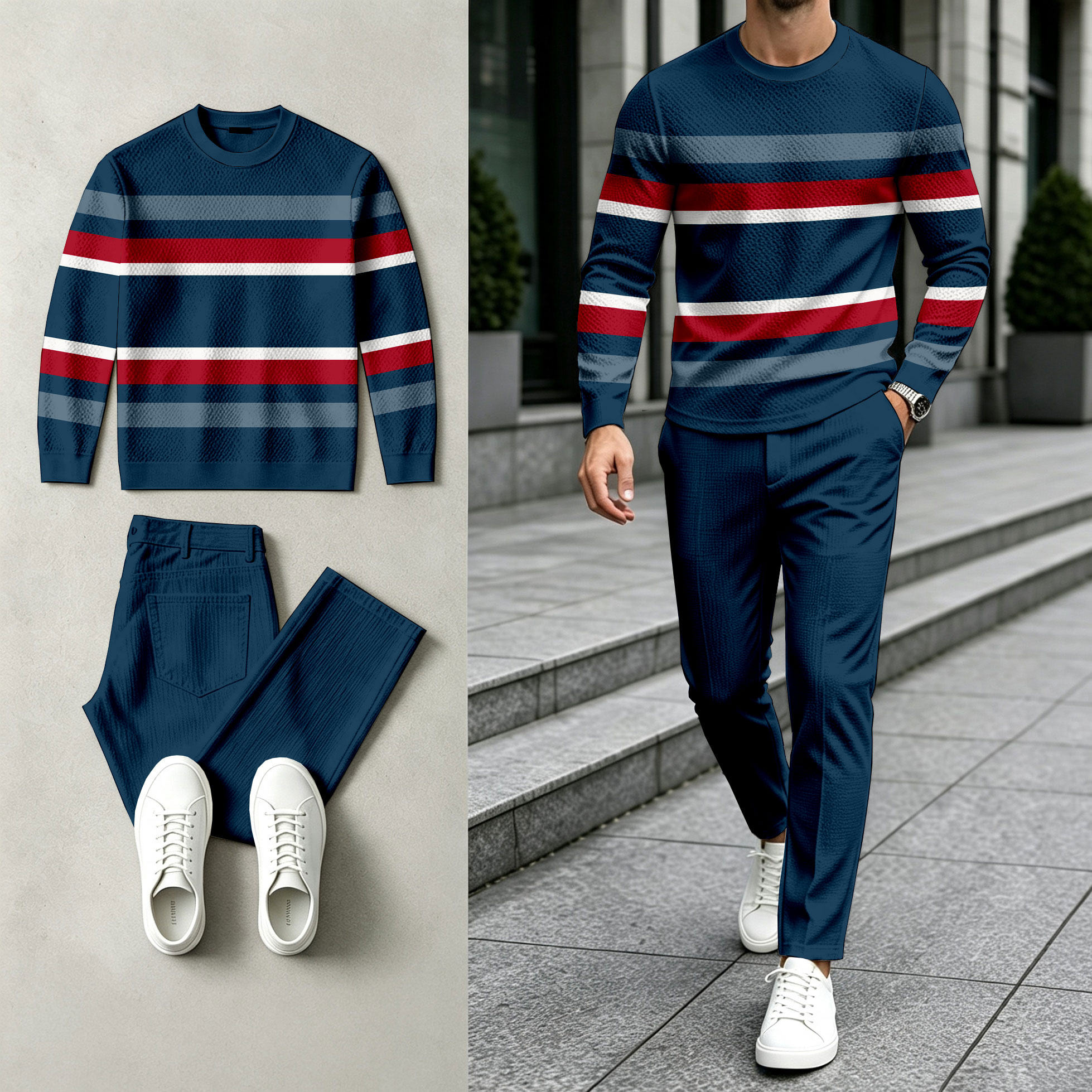 para hombre a rayas Patchwork Crewneck Sweacamiseta and pantalón Set