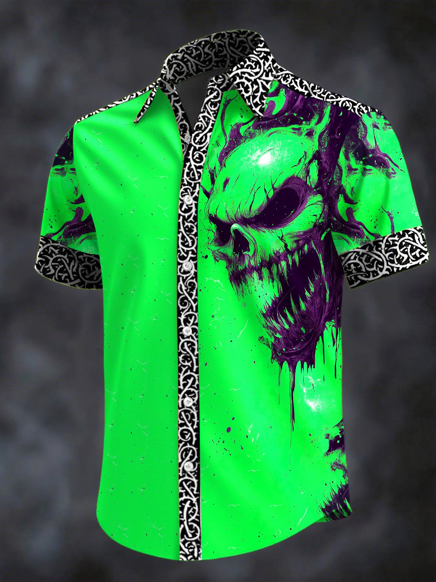 Camisa retro Horror Skull estampado solapa de manga corta para hombre