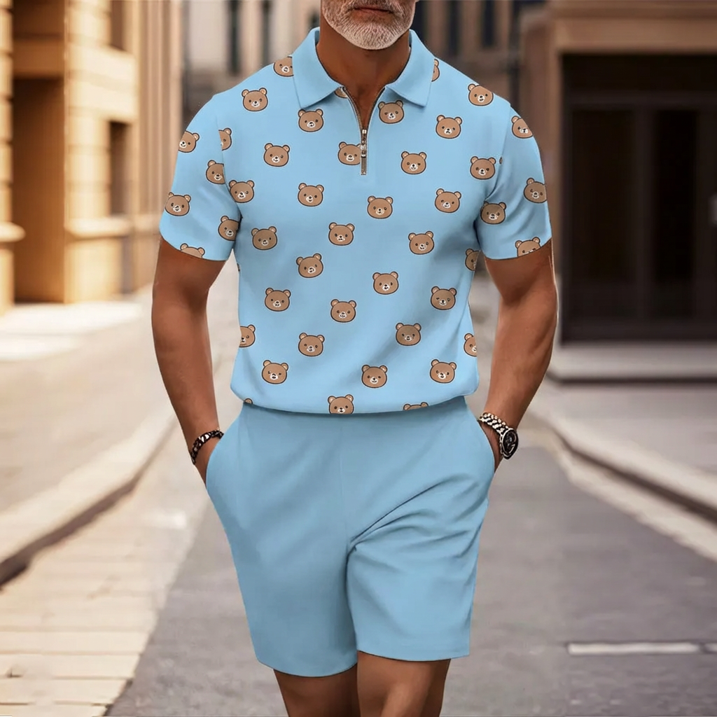 Conjunto de dos piezas casual Blue Bear estampado de manga corta camiseta And shorts para hombre