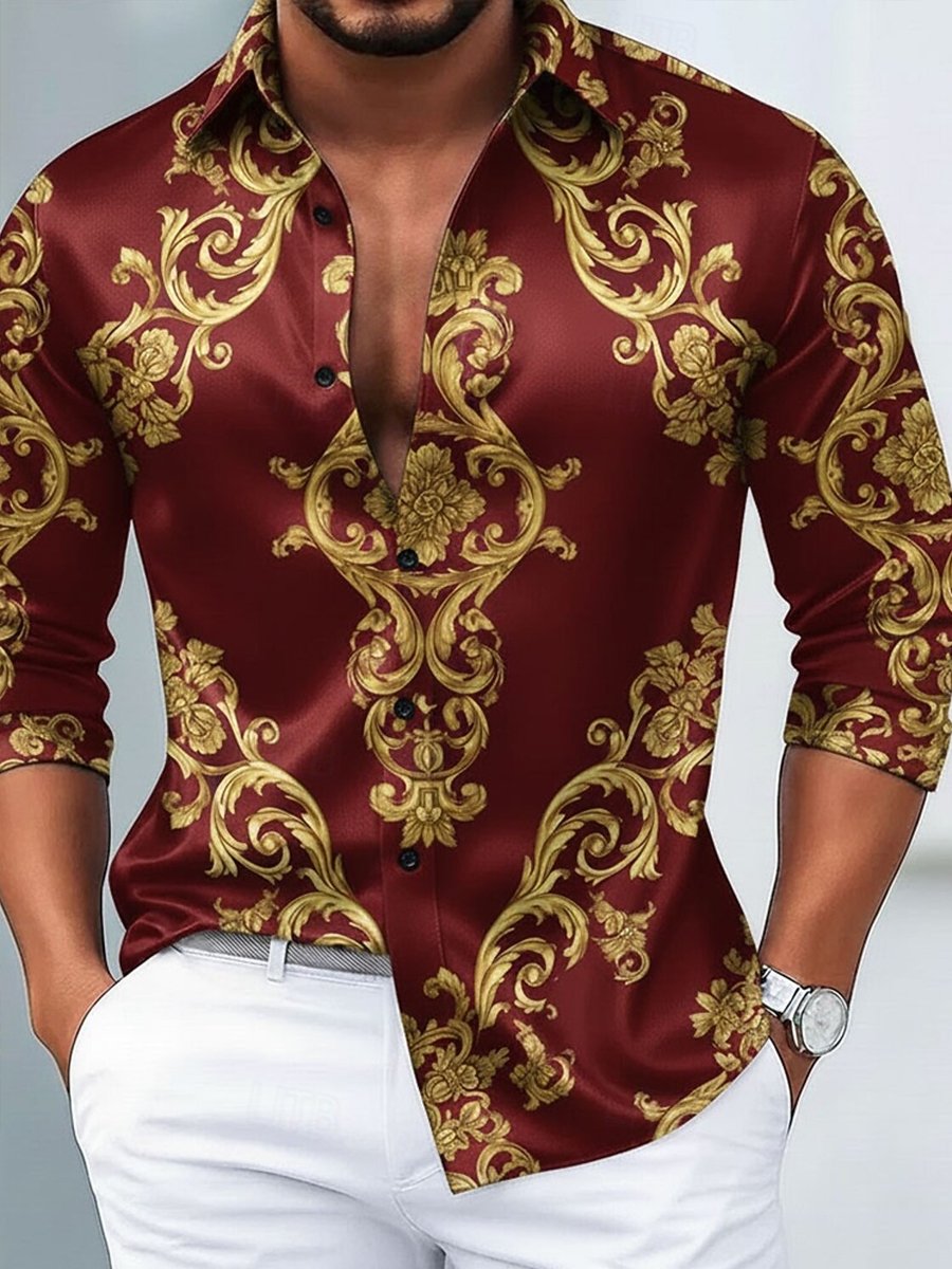 Camisa de lujo floral estampado Baroque formal de manga larga para hombre