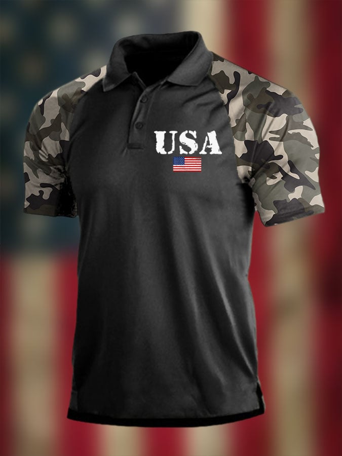 Camisa polo vintage American Flag Independence Day Colorblock para hombre